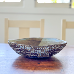Eggshell Salad/Serving Bowl - Carved Dark Blue