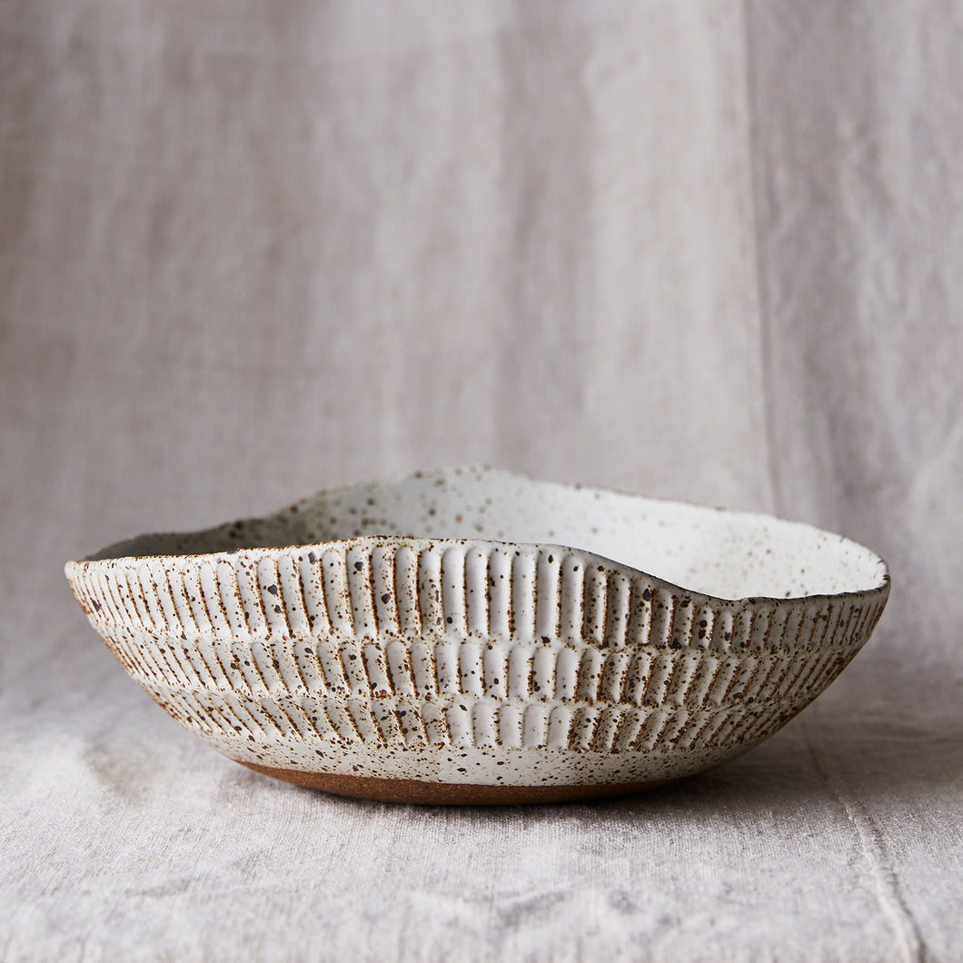 Carved Eggshell Serving Bowl - Spotty White